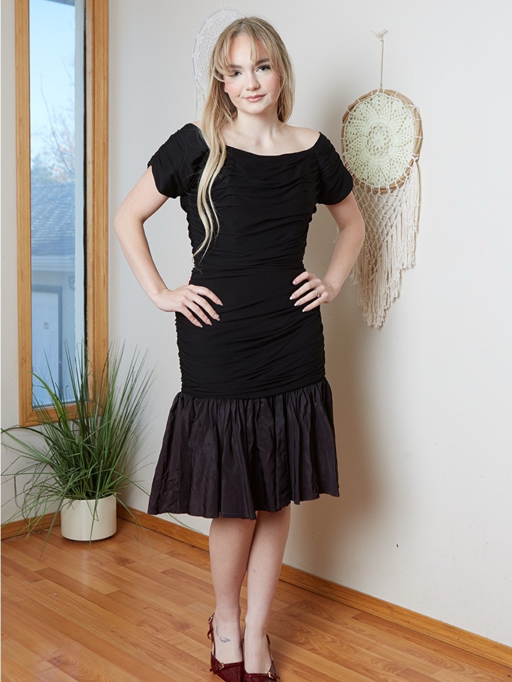 50s 60s Vanity Original Montreal Black Ruched Midi Dress with Flared Hem S